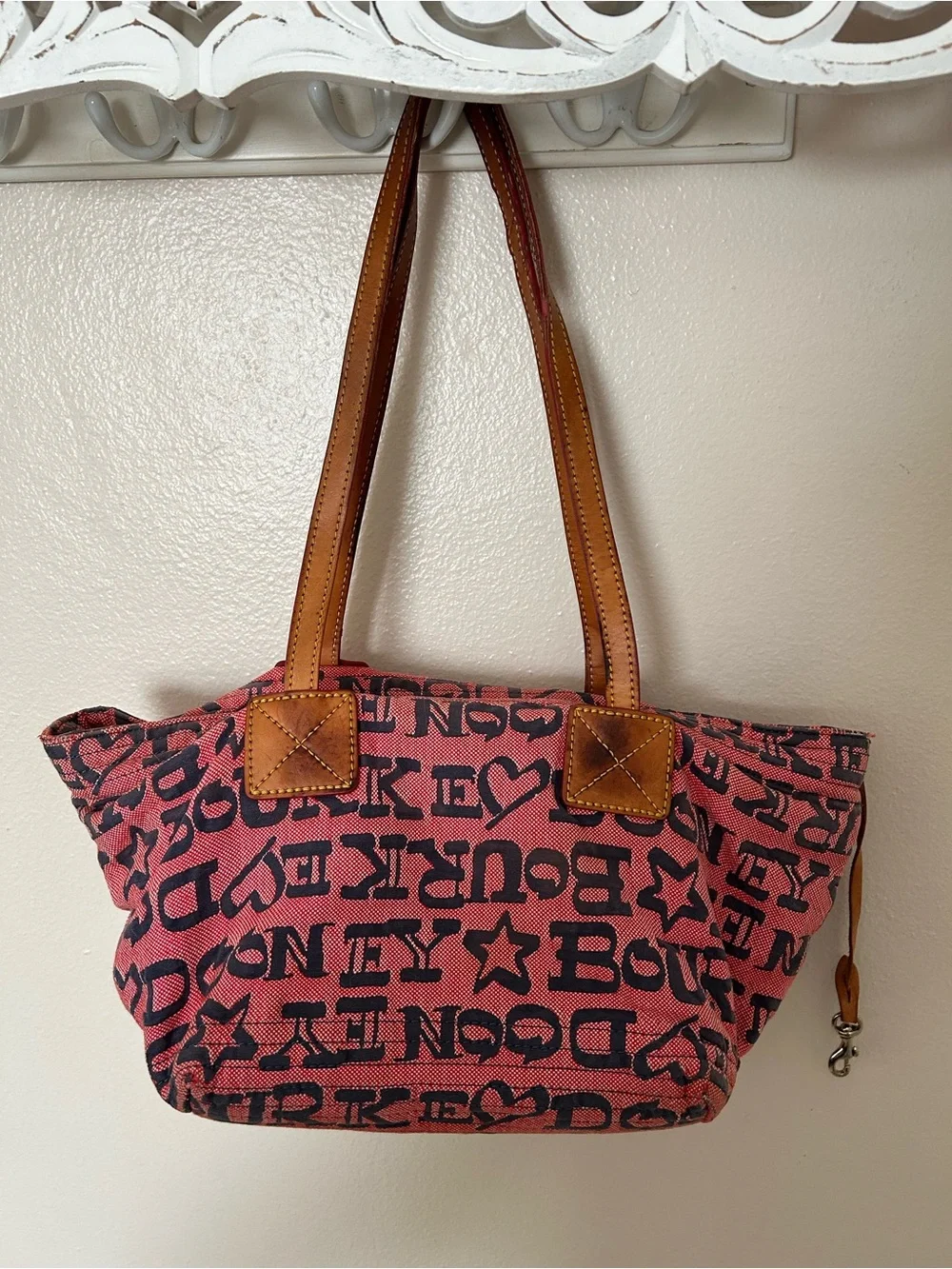 Dooney & Bourke Pink Logo Canvas Tote with Tan Leather Trim
